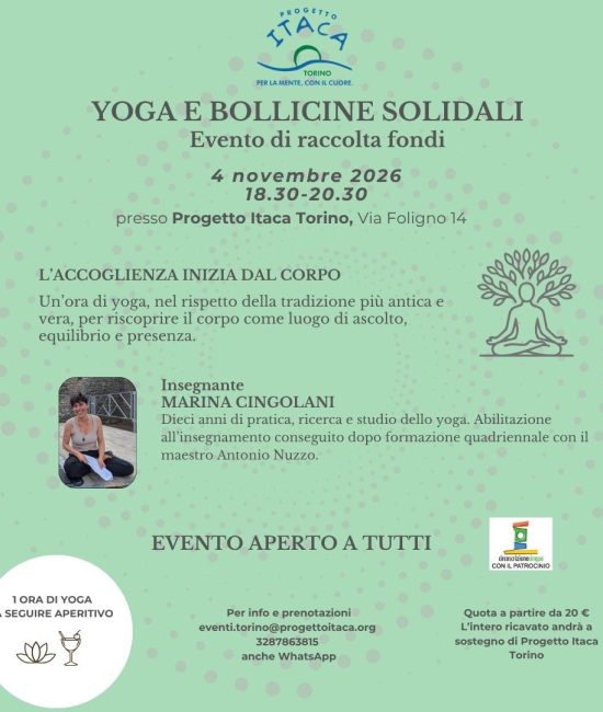 Locandina di Yoga e Bollicine Solidali, evento di raccolta fondi di Progetto Itaca Torino del 4 novembre 2026